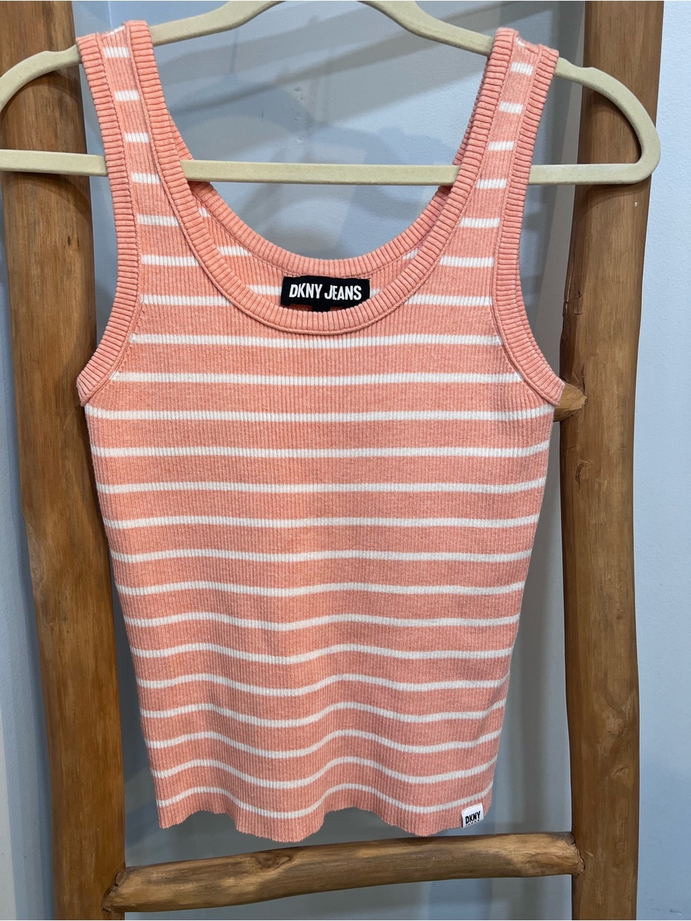DKNY Jeans Coral White Striped Ribbed Tank Top Size L